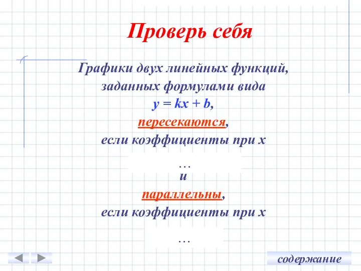 Проверь себя Графики двух линейных функций, заданных формулами вида y =