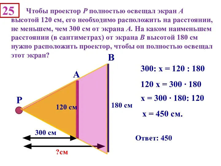 25 Чтобы проектор Р полностью освещал экран А высотой 120 см,