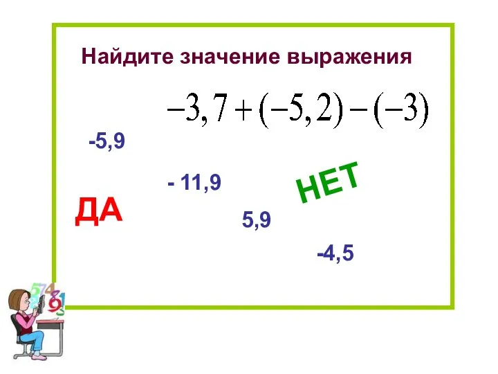 Найдите значение выражения -5,9 - 11,9 5,9 -4,5 НЕТ ДА