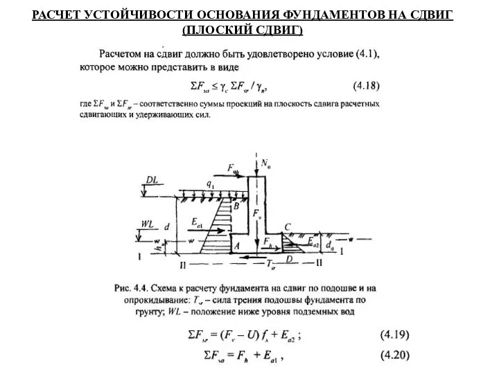 РАСЧЕТ УСТОЙЧИВОСТИ ОСНОВАНИЯ ФУНДАМЕНТОВ НА СДВИГ (ПЛОСКИЙ СДВИГ)