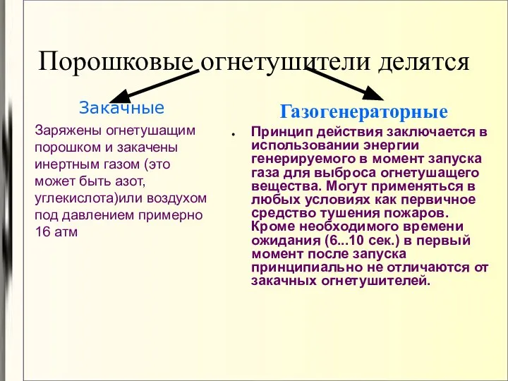 Порошковые огнетушители делятся Газогенераторные Принцип действия заключается в использовании энергии генерируемого