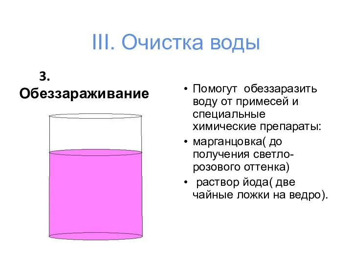 III. Очистка воды 3. Обеззараживание Помогут обеззаразить воду от примесей и