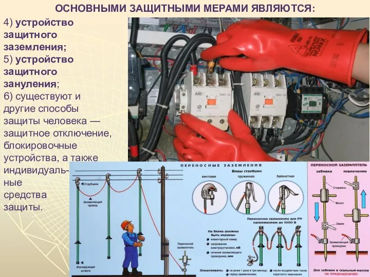 ОСНОВНЫМИ ЗАЩИТНЫМИ МЕРАМИ ЯВЛЯЮТСЯ: 4) устройство защитного заземления; 5) устройство защитного