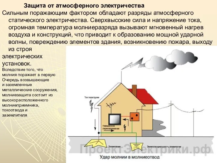 Защита от атмосферного электричества Сильным поражающим фактором обладают разряды атмосферного статического