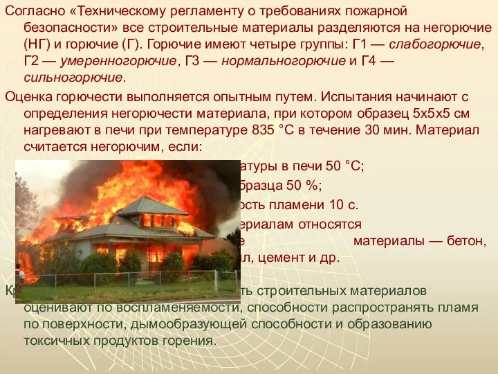 Согласно «Техническому регламенту о требованиях пожарной безопасности» все строительные материалы разделяются