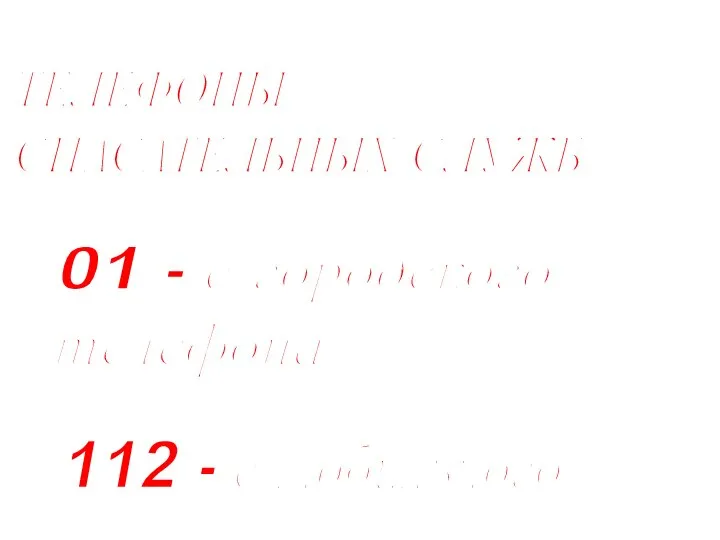ТЕЛЕФОНЫ СПАСАТЕЛЬНЫХ СЛУЖБ 01 - с городского телефона 112 - с мобильного