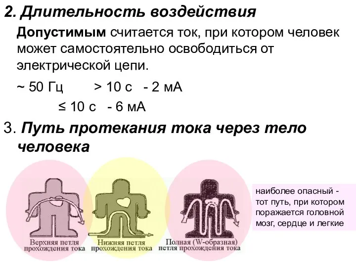 2. Длительность воздействия Допустимым считается ток, при котором человек может самостоятельно