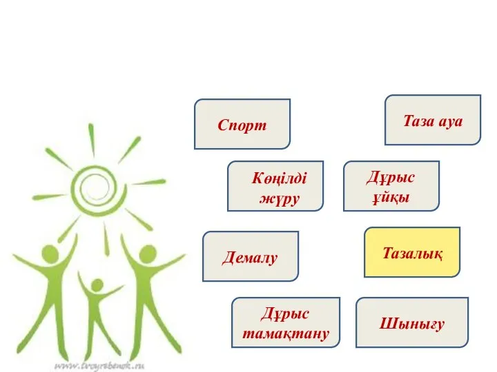 Денсаулықтың достары Спорт Тазалық Таза ауа Демалу Дұрыс ұйқы Дұрыс тамақтану Шынығу Көңілді жүру