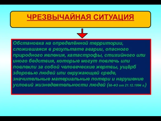 -* ЧРЕЗВЫЧАЙНАЯ СИТУАЦИЯ Обстановка на определённой территории, сложившаяся в результате аварии,