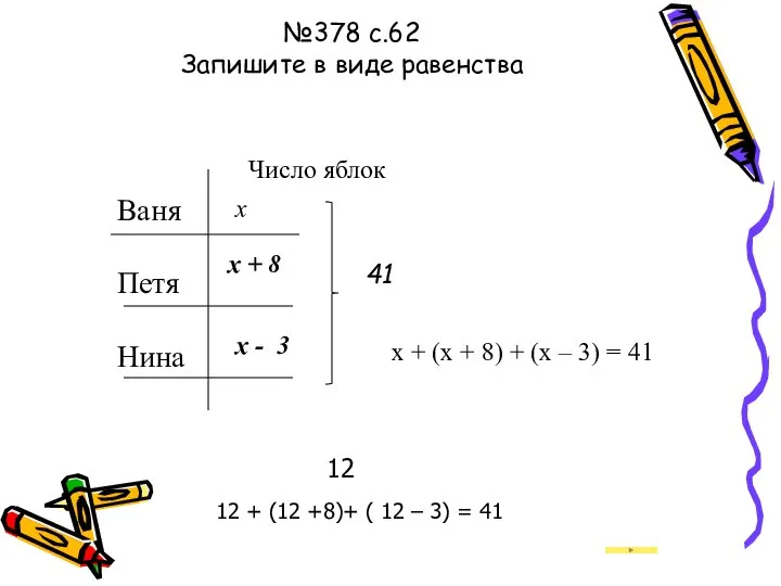 №378 с.62 Запишите в виде равенства Ваня Петя Нина Число яблок