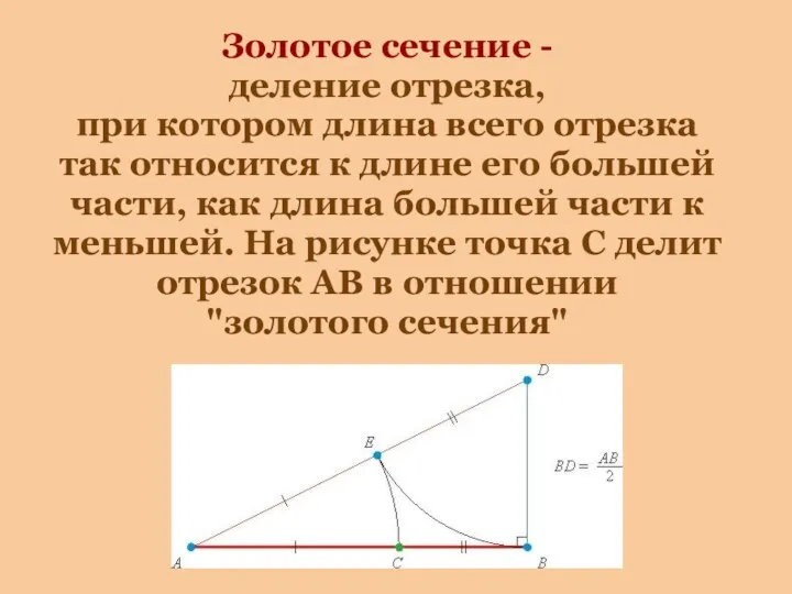 Золотое сечение - деление отрезка, при котором длина всего отрезка так