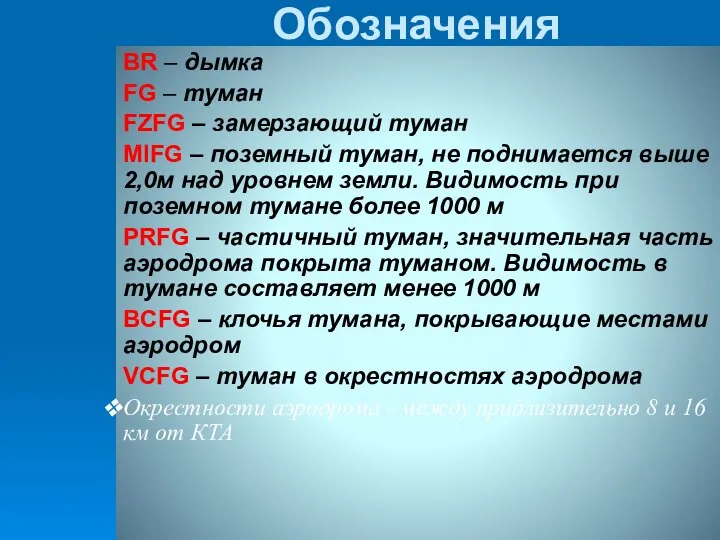 Обозначения BR – дымка FG – туман FZFG – замерзающий туман