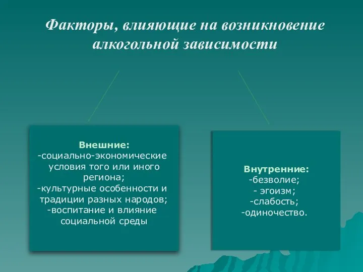 Внешние: социально-экономические условия того или иного региона; культурные особенности и традиции