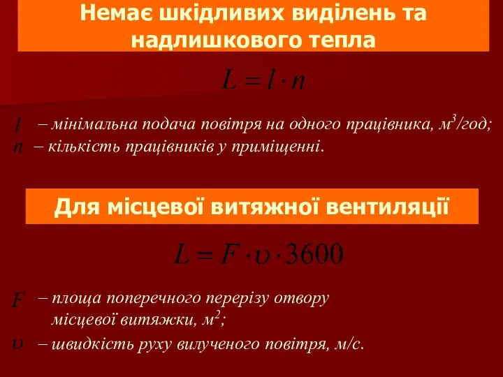 Немає шкідливих виділень та надлишкового тепла Для місцевої витяжної вентиляції –