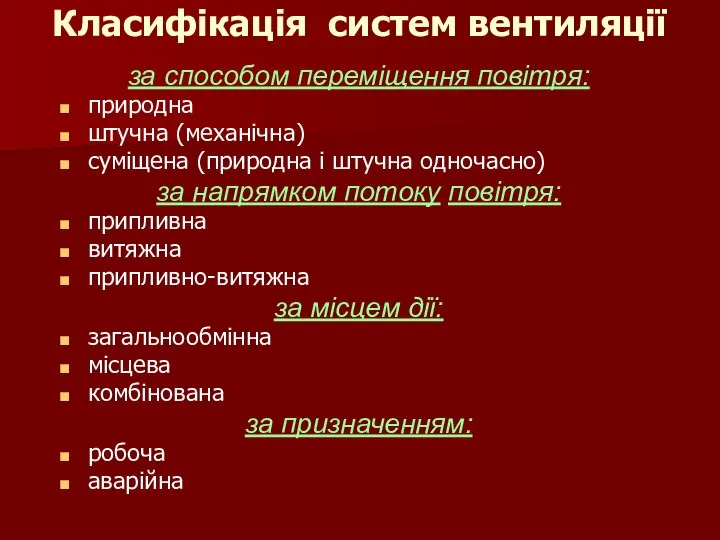 Класифікація систем вентиляції за способом переміщення повітря: природна штучна (механічна) суміщена