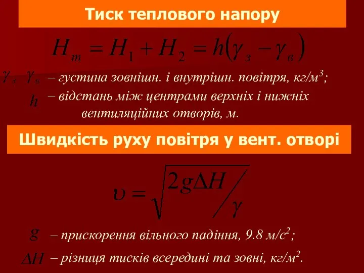 Тиск теплового напору Швидкість руху повітря у вент. отворі – густина