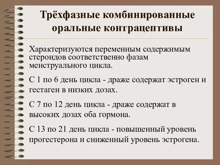 Трёхфазные комбинированные оральные контрацептивы Характеризуются переменным содержимым стероидов соответственно фазам менструального