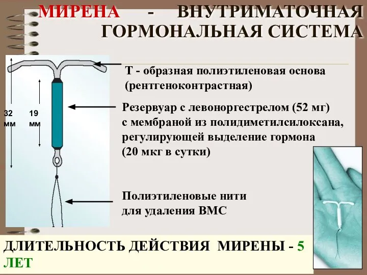 МИРЕНА - ВНУТРИМАТОЧНАЯ ГОРМОНАЛЬНАЯ СИСТЕМА Т - образная полиэтиленовая основа (рентгеноконтрастная)