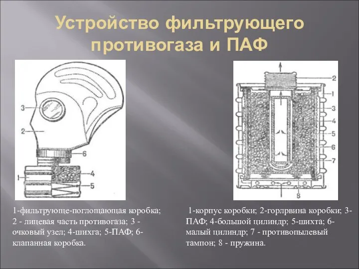 Устройство фильтрующего противогаза и ПАФ 1-фильтрующе-поглощающая коробка; 2 - лицевая часть