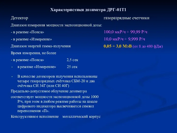 Характеристики дозиметра ДРГ-01Т1