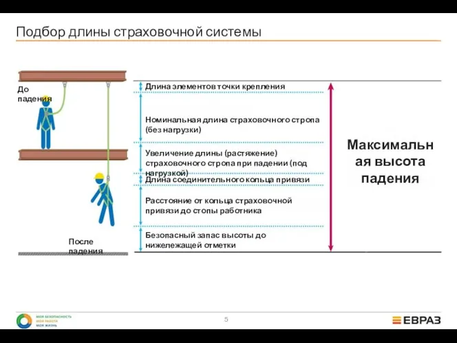 Подбор длины страховочной системы До падения После падения Максимальная высота падения