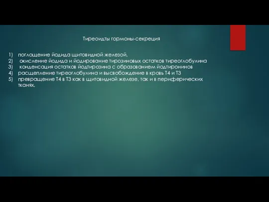 поглощение йодида щитовидной железой, окисление йодида и йодирование тирозиновых остатков тиреоглобулина