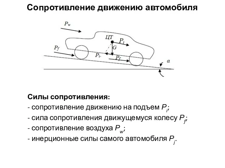 Сопротивление движению автомобиля Силы сопротивления: - сопротивление движению на подъем Рi;