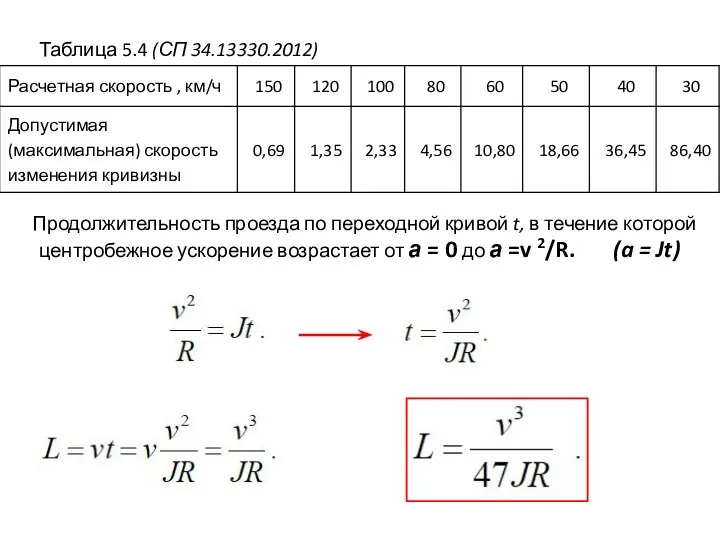 Таблица 5.4 (СП 34.13330.2012) Продолжительность проезда по переходной кривой t, в