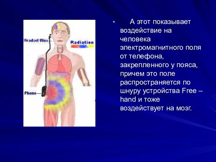 А этот показывает воздействие на человека электромагнитного поля от телефона, закрепленного