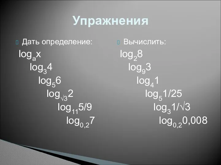 Дать определение: logax log34 log56 log√32 log115/9 log0,27 Вычислить: log28 log93 log41 log51/25 log31/√3 log0,20,008 Упражнения