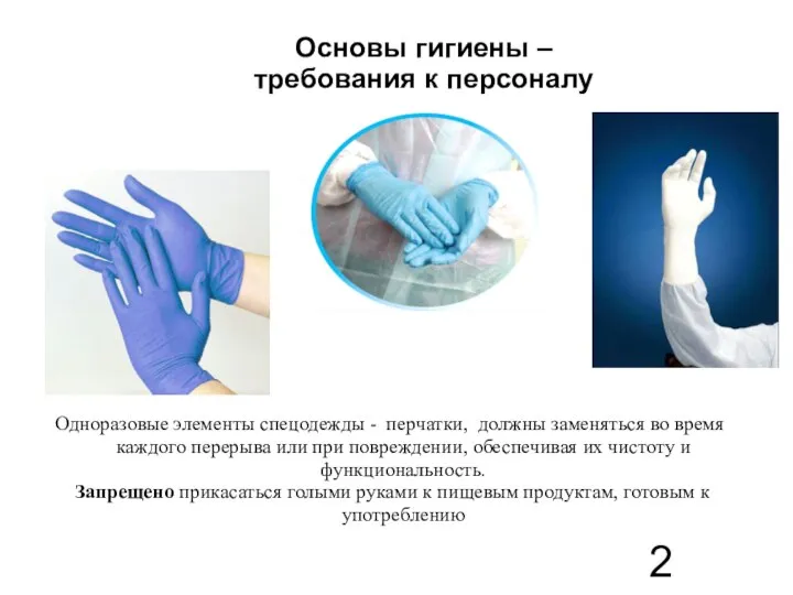 Основы гигиены – требования к персоналу Одноразовые элементы спецодежды - перчатки,