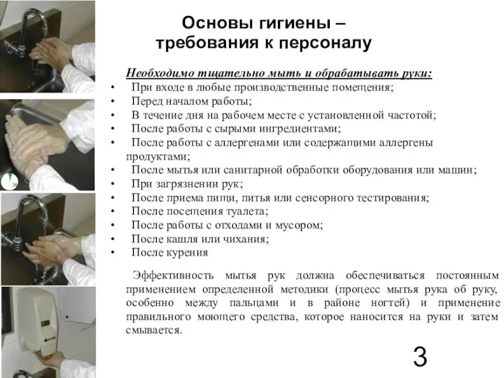 Основы гигиены – требования к персоналу Необходимо тщательно мыть и обрабатывать