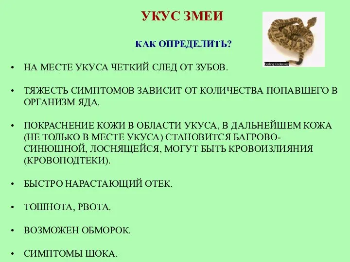 УКУС ЗМЕИ КАК ОПРЕДЕЛИТЬ? НА МЕСТЕ УКУСА ЧЕТКИЙ СЛЕД ОТ ЗУБОВ.