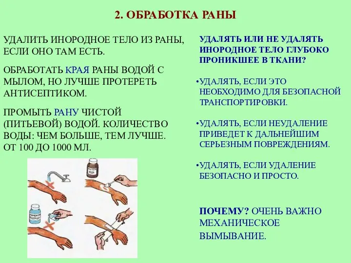 2. ОБРАБОТКА РАНЫ УДАЛИТЬ ИНОРОДНОЕ ТЕЛО ИЗ РАНЫ, ЕСЛИ ОНО ТАМ