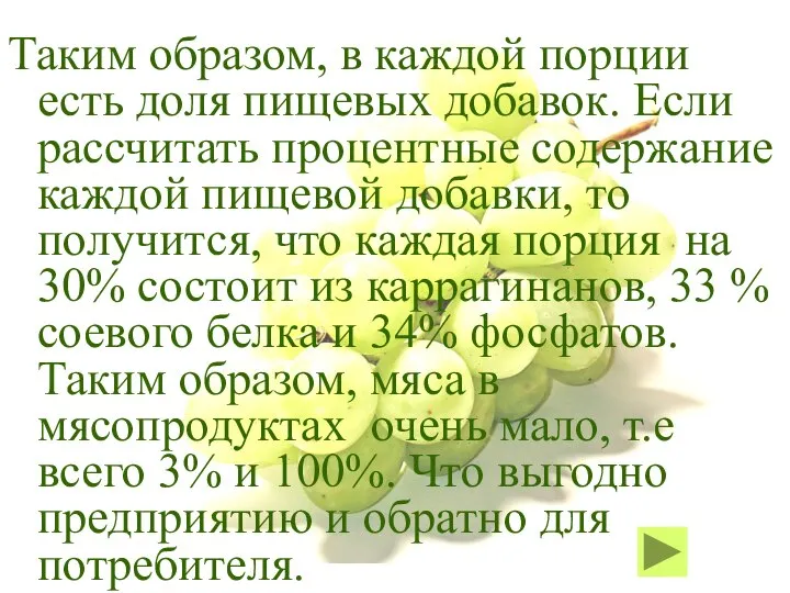 Таким образом, в каждой порции есть доля пищевых добавок. Если рассчитать