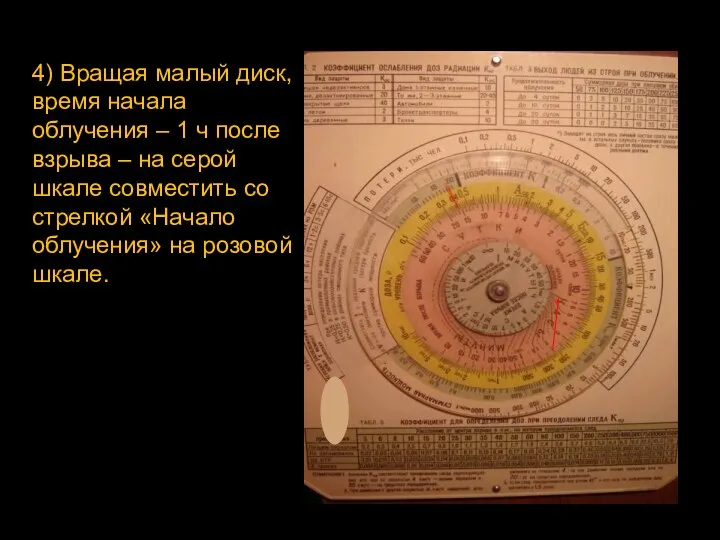 4) Вращая малый диск, время начала облучения – 1 ч после