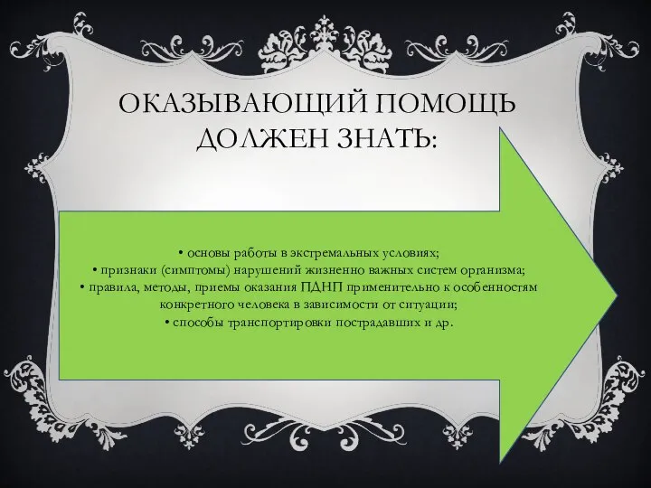 ОКАЗЫВАЮЩИЙ ПОМОЩЬ ДОЛЖЕН ЗНАТЬ: • основы работы в экстремальных условиях; •