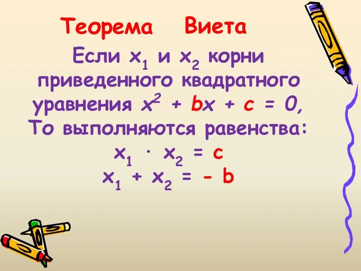 Теорема Если х1 и х2 корни приведенного квадратного уравнения x2 +