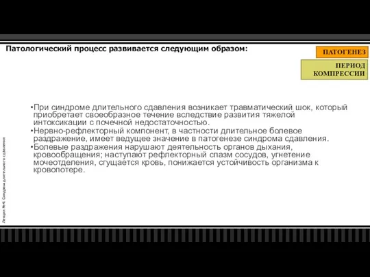 Лекция №4: Синдром длительного сдавления ПАТОГЕНЕЗ Патологический процесс развивается следующим образом: