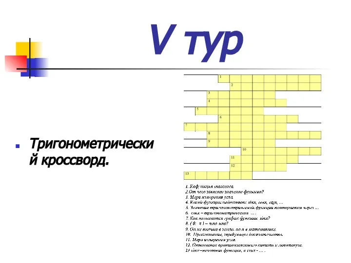 V тур Тригонометрический кроссворд.