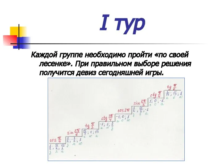 І тур Каждой группе необходимо пройти «по своей лесенке». При правильном