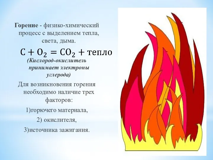 Горение - физико-химический процесс с выделением тепла, света, дыма. (Кислород-окислитель принимает