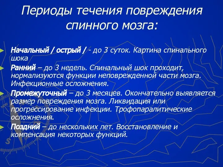 Периоды течения повреждения спинного мозга: Начальный / острый / - до