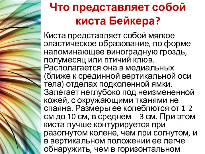 Что представляет собой киста Бейкера? Киста представляет собой мягкое эластическое образование,