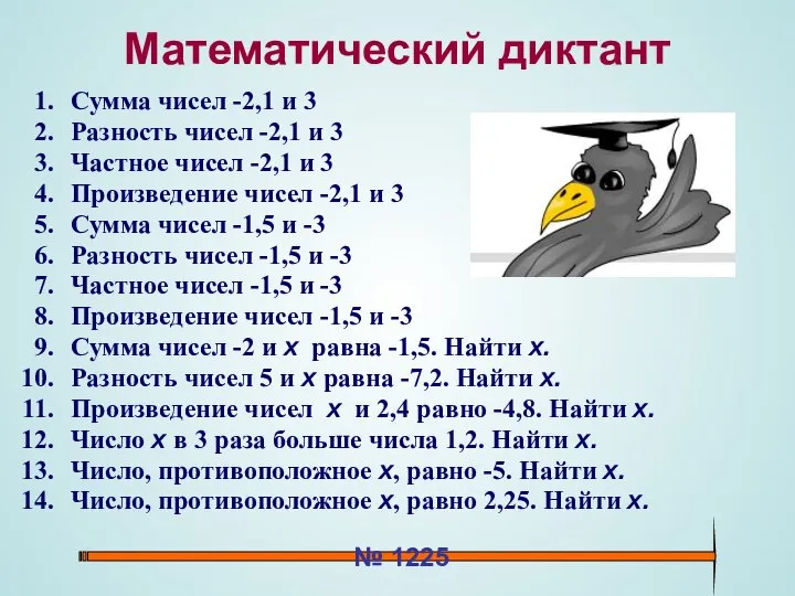 Математический диктант Сумма чисел -2,1 и 3 Разность чисел -2,1 и