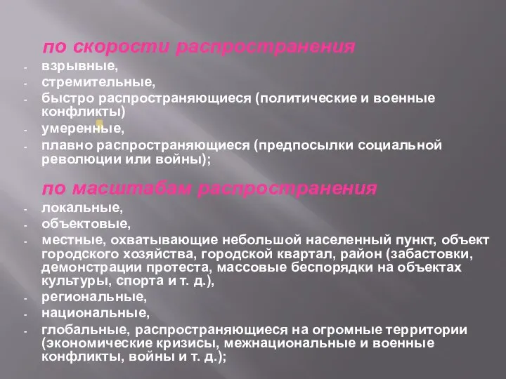 , по скорости распространения взрывные, стремительные, быстро распространяющиеся (политические и военные