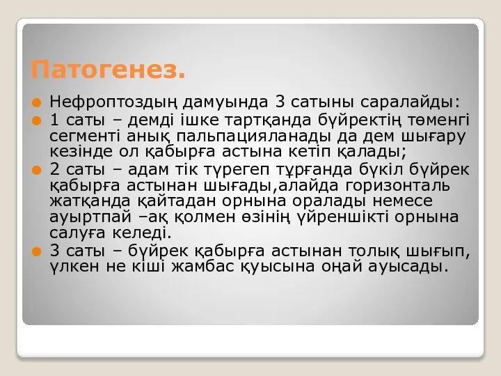 Патогенез. Нефроптоздың дамуында 3 сатыны саралайды: 1 саты – демді ішке