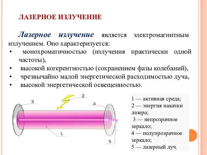 ЛАЗЕРНОЕ ИЗЛУЧЕНИЕ Лазерное излучение является электромагнитным излучением. Оно характеризуется: монохроматичностью (излучения