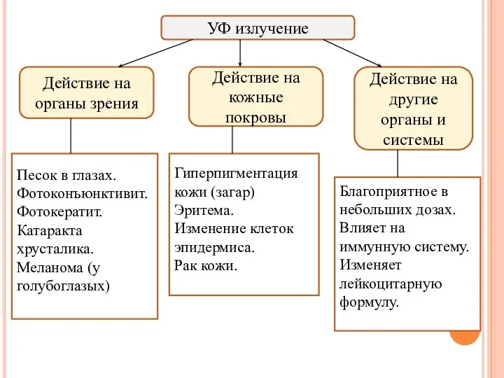 УФ излучение Действие на органы зрения Действие на кожные покровы Действие