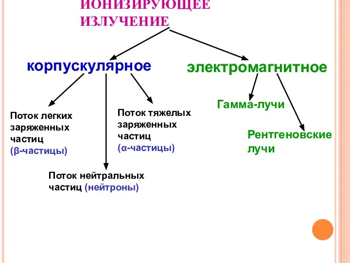 ИОНИЗИРУЮЩЕЕ ИЗЛУЧЕНИЕ корпускулярное электромагнитное Поток легких заряженных частиц (β-частицы) Поток тяжелых